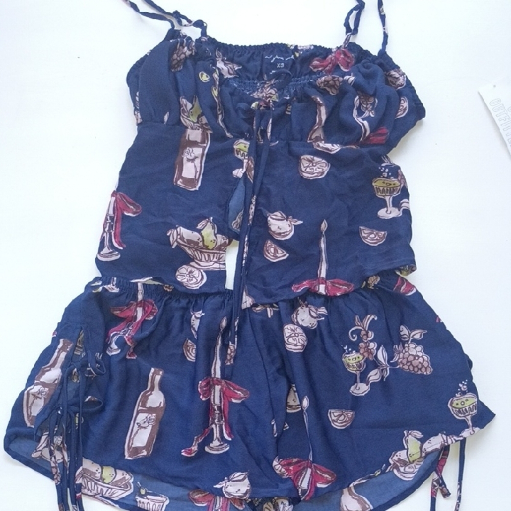 Navy Blue Two-Piece Set with Cocktail Print